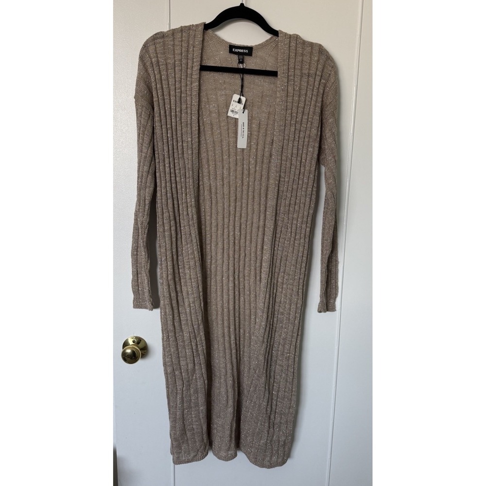 Express Ribbed Long Cardigan Duster Neutral Taupe Silver Sparkle Size Small NWT